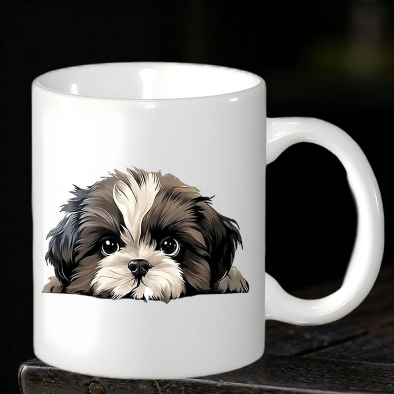 Tailorly White Ceramic 11 oz Mug - Adorable Fluffy Small Dog Peeking With Big Innocent Eyes And Dark Fur Puppy