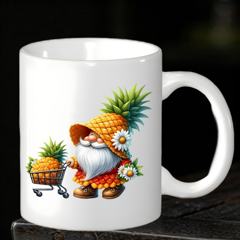Tailorly White Ceramic 11 oz Mug - Whimsical Tropical Garden Pushing A Metal Shopping Cart With Ripe Pineapple Gnome