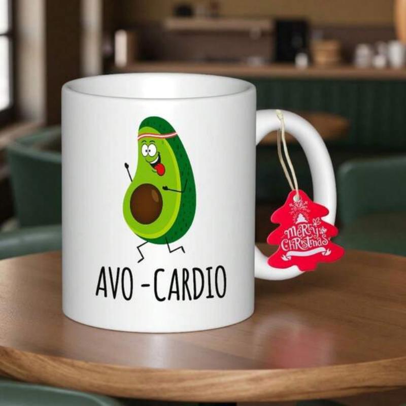 Tailorly White Ceramic 11 oz Mug - Avo Cardio Cute Running Character Wearing Headband With Vibrant Colors Avocado