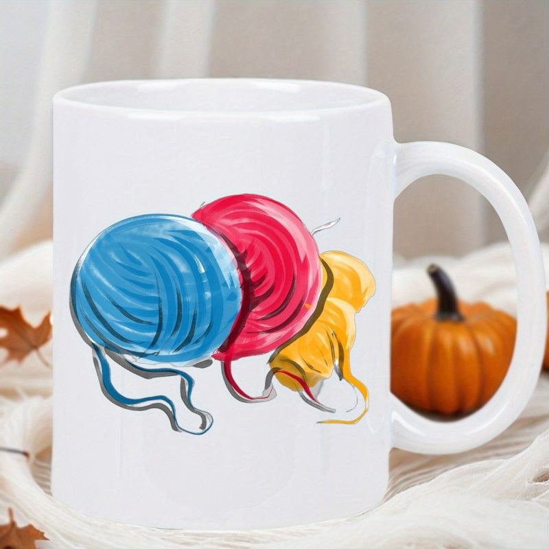 Tailorly White Ceramic 11 oz Mug - Colorful Soft Textured Skeins Resting Neatly Together With Decorative Loose Strands Yarn