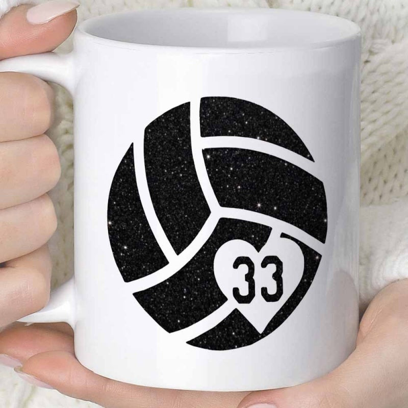 Tailorly White Ceramic 11 oz Mug - Sparkling Black Textured Graphic Featuring Heart Shape With Athletic Number Volleyball