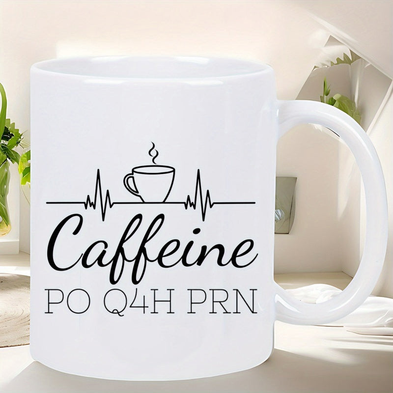 Tailorly White Ceramic 11 oz Mug - Caffeine PO Q4H PRN Minimalist Black Medical Heartbeat Line With Steaming Hot Morning Coffee Cup