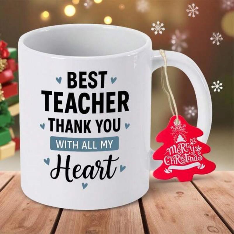 Tailorly White Ceramic 11 oz Mug - Best Teacher Thank You With All My Heart Minimalist Heart Icons Scattered Around Centered Text On Polished Ceramic Surface Mug