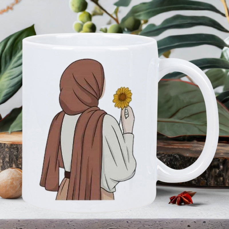 Tailorly White Ceramic 11 oz Mug - Minimalist Illustration Of A Woman Wearing Hijab Holding A Yellow Sunflower Woman