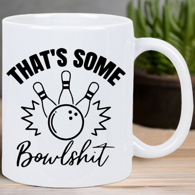 Tailorly White Ceramic 11 oz Mug - Thats Some Bowlshit Minimalist Black Line Art Depicting Dynamic Strike Impact With Three Pins Bowling Ball
