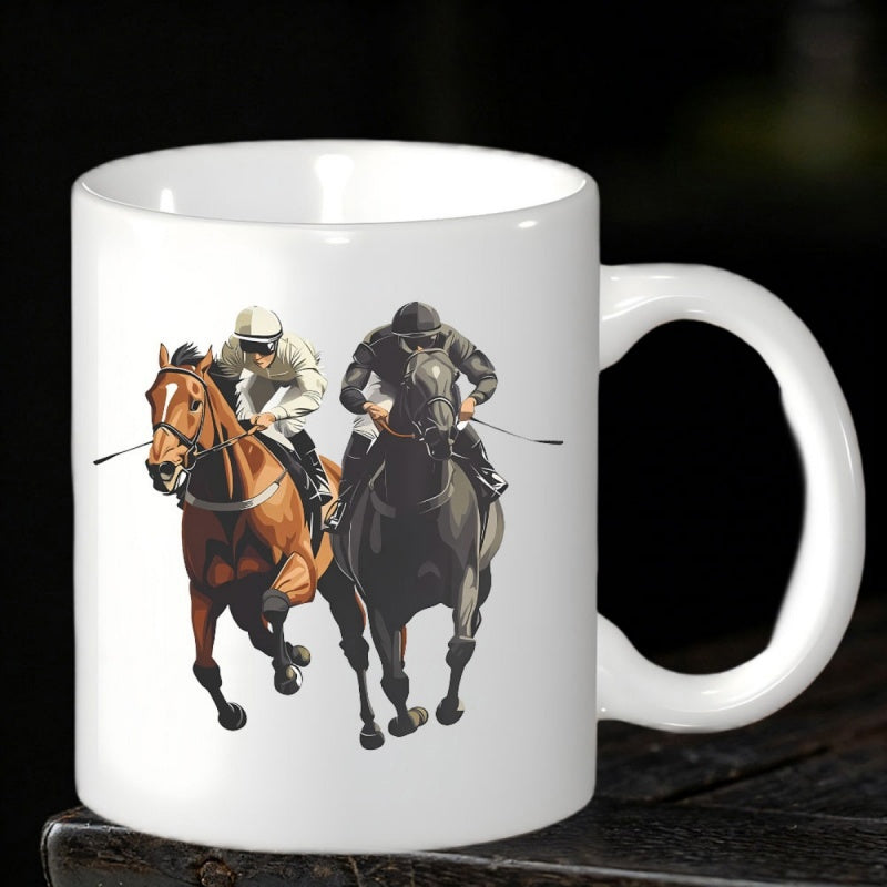Tailorly White Ceramic 11 oz Mug - Majestic Racing Steeds Galloping With Skilled Jockeys In Competition Horse