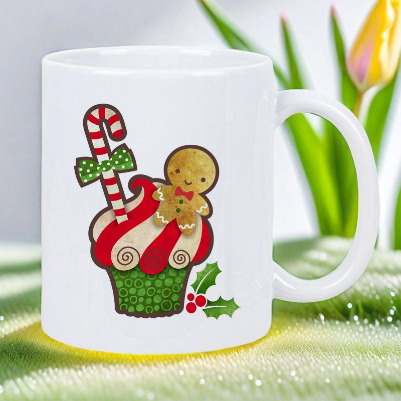 Tailorly White Ceramic 11 oz Mug - Festive Christmas Cupcake With Cute Gingerbread Man And Striped Candy Cane Cupcake