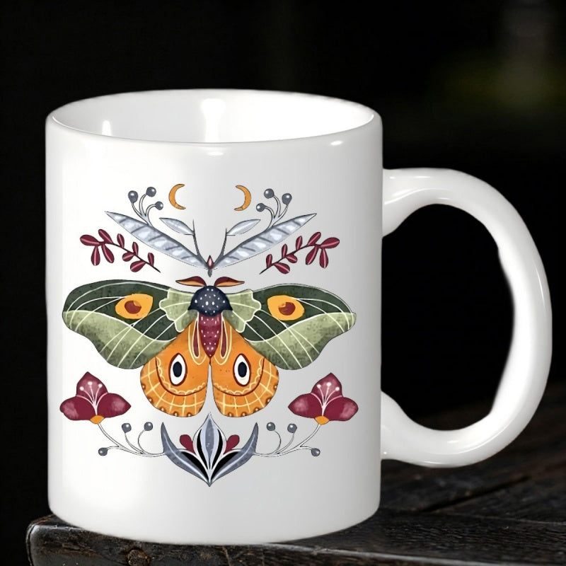 Tailorly White Ceramic 11 oz Mug - Vintage Aesthetic Symmetrical Botanical Leaves With Crescent Moons Nature Moth