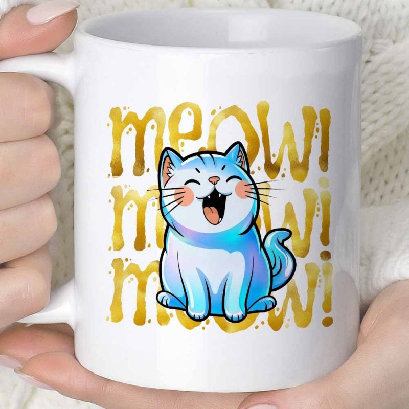 Tailorly White Ceramic 11 oz Mug - Meow Meow Meow Adorable Blue Kitten With Joyful Expression Against Golden Dripping Backdrop Cat