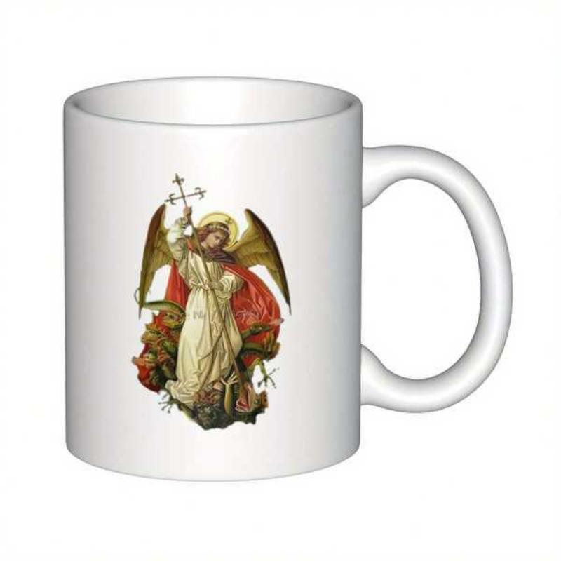 Tailorly White Ceramic 11 oz Mug - Divine Celestial Figure With Golden Wings Protecting Against Dark Forces Angel