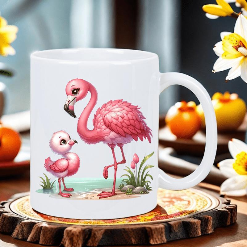Tailorly White Ceramic 11 oz Mug - Two Pink Flamingos Standing Together Among Green Grass Near The Water Flamingo