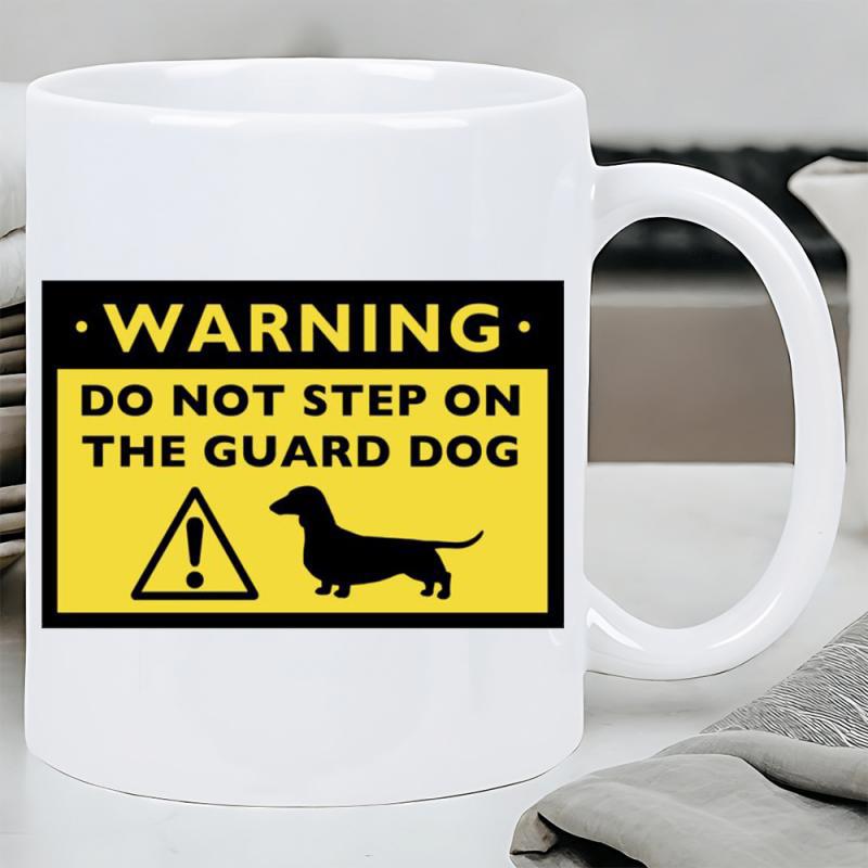 Tailorly White Ceramic 11 oz Mug - Warning Do Not Step On The Guard Dog Vibrant Yellow Warning Plaque With Black Silhouette Of Small Sausage Dachshund
