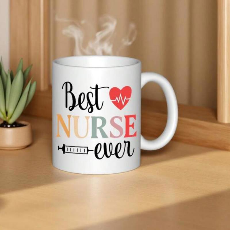 Tailorly White Ceramic 11 oz Mug - Best Nurse Ever Heart And Syringe Icons With Colorful Artistic Lettering Nurse