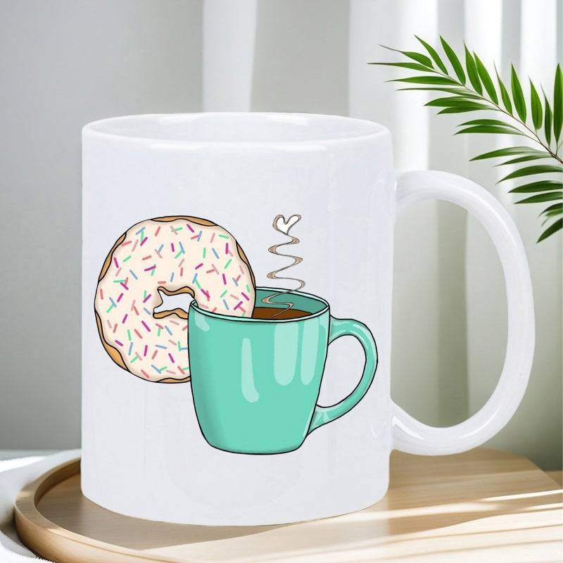 Tailorly White Ceramic 11 oz Mug - Cartoon Style Glazed Sprinkled Dipping Into Teal Hot Coffee Donut