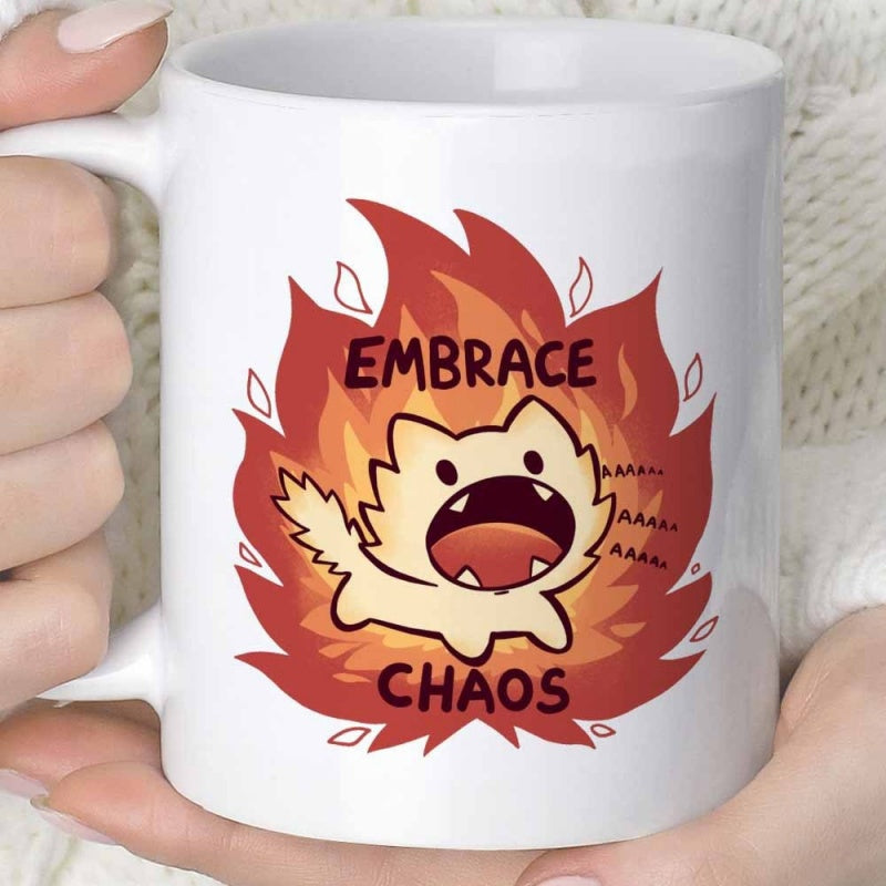 Tailorly White Ceramic 11 oz Mug - Embrace Chaos Cute Cartoon Cat Surrounded By Fierce Orange And Red Roaring Flames Cat
