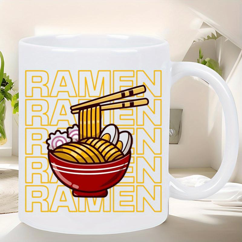 Tailorly White Ceramic 11 oz Mug - Ramen Delicious Steaming Japanese Noodle Bowl With Chopsticks And Toppings Ramen