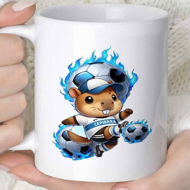 Tailorly White Ceramic 11 oz Mug - Capibara Energetic Cartoon Animal Playing Soccer Surrounded By Vibrant Blue Flames Sporty Capybara