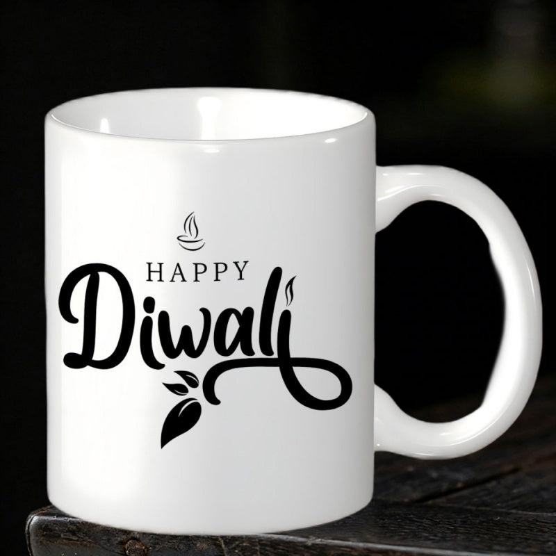 Tailorly White Ceramic 11 oz Mug - Happy Diwali Elegant Black Script Style Featuring Festive Lamp Symbol Lettering