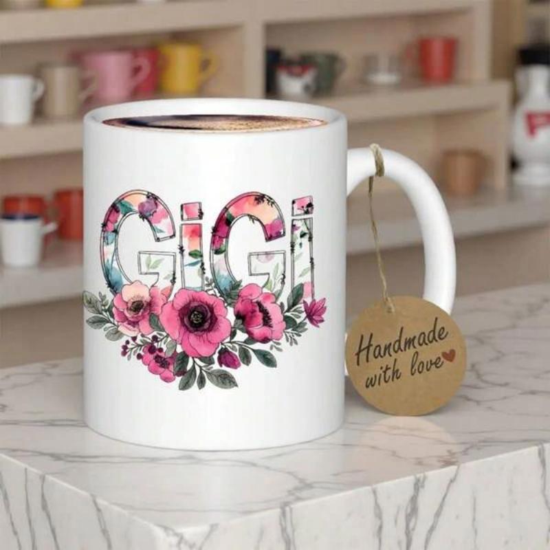 Tailorly White Ceramic 11 oz Mug - Gigi Handmade With Love Elegant Pink Watercolor Blossoms Blooming Beneath Large Decorative Alphabet Mug