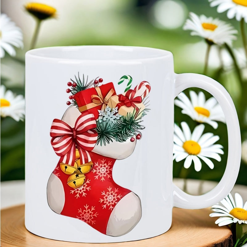 Tailorly White Ceramic 11 oz Mug - Festive Red Christmas Stocking Filled With Gifts And Candy Canes Stocking