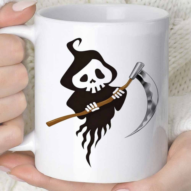 Tailorly White Ceramic 11 oz Mug - Cute Chibi Death Figure Wearing Black Cloak Holding Curved Scythe Reaper
