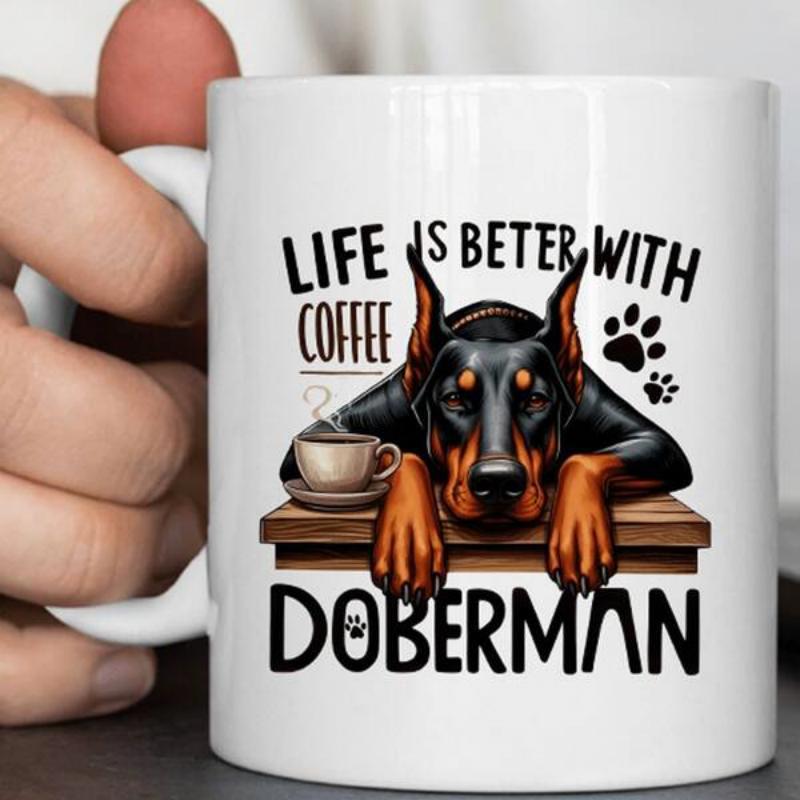 Tailorly White Ceramic 11 oz Mug - Life Is Beter With Coffee Doberman Gracefully Resting Paws Over Rustic Wooden Surface With Hot Steaming Coffee Cup Doberman
