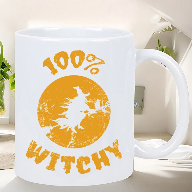 Tailorly White Ceramic 11 oz Mug - 100 Percent Witchy Distressed Golden Full Moon Background With Flying Broomstick Silhouette Witch
