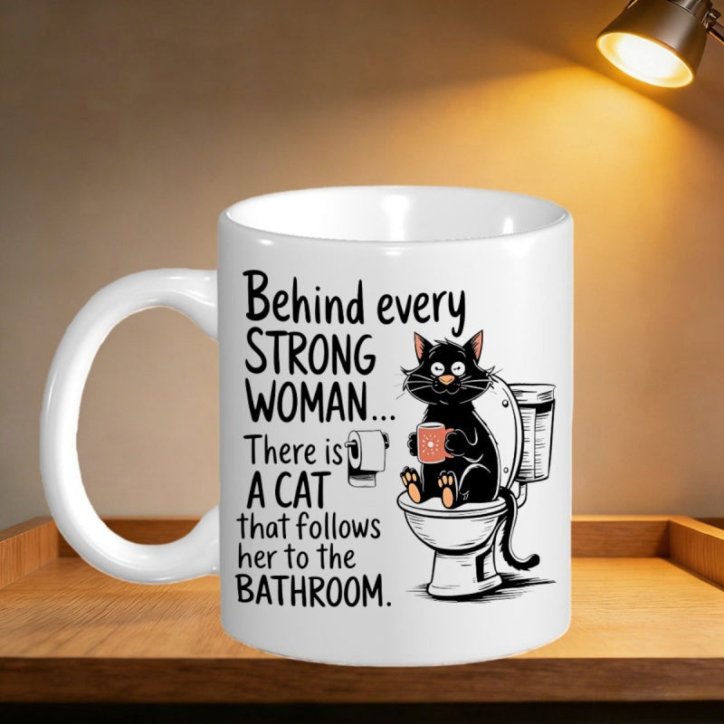 Tailorly White Ceramic 11 oz Mug - Behind Every Strong Woman There Is A Cat That Follows Her To The Bathroom Black Whimsical Cartoon Feline Sitting On White Toilet