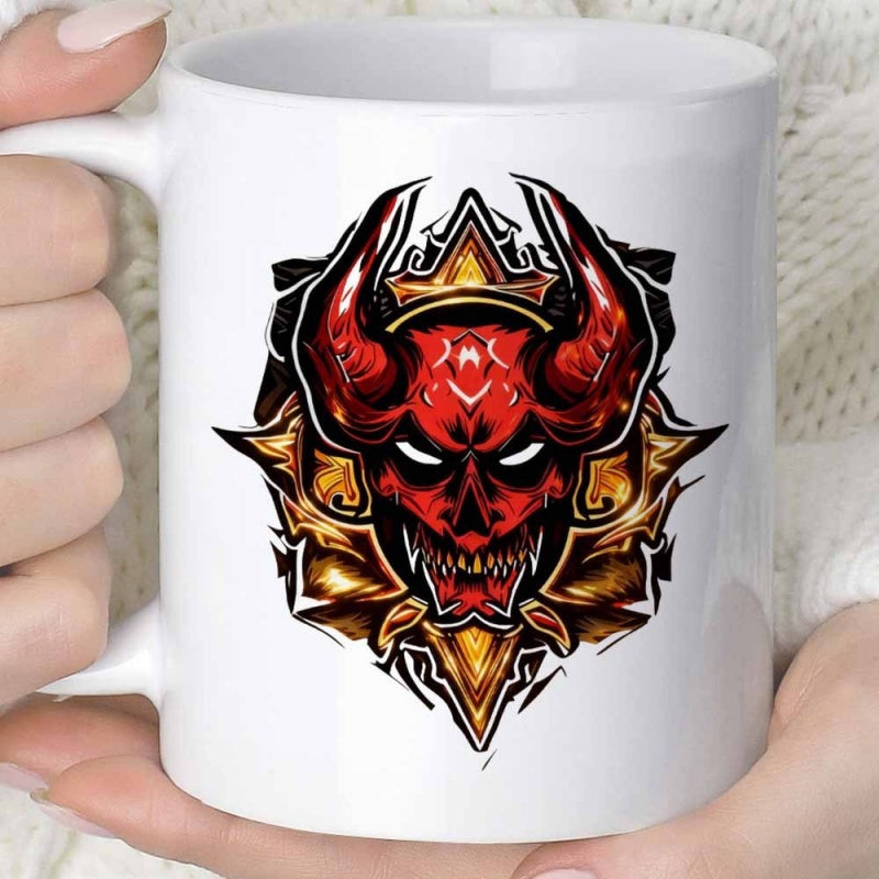 Tailorly White Ceramic 11 oz Mug - Fierce Red Oni Mask With Sharp Horns Glowing White Eyes And Golden Frames Demon