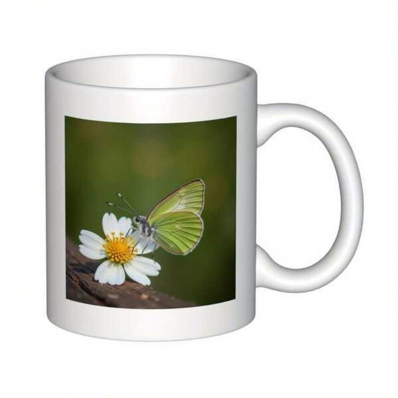 Tailorly White Ceramic 11 oz Mug - Green Butterfly Resting On A White Petaled Flower In Nature Butterfly