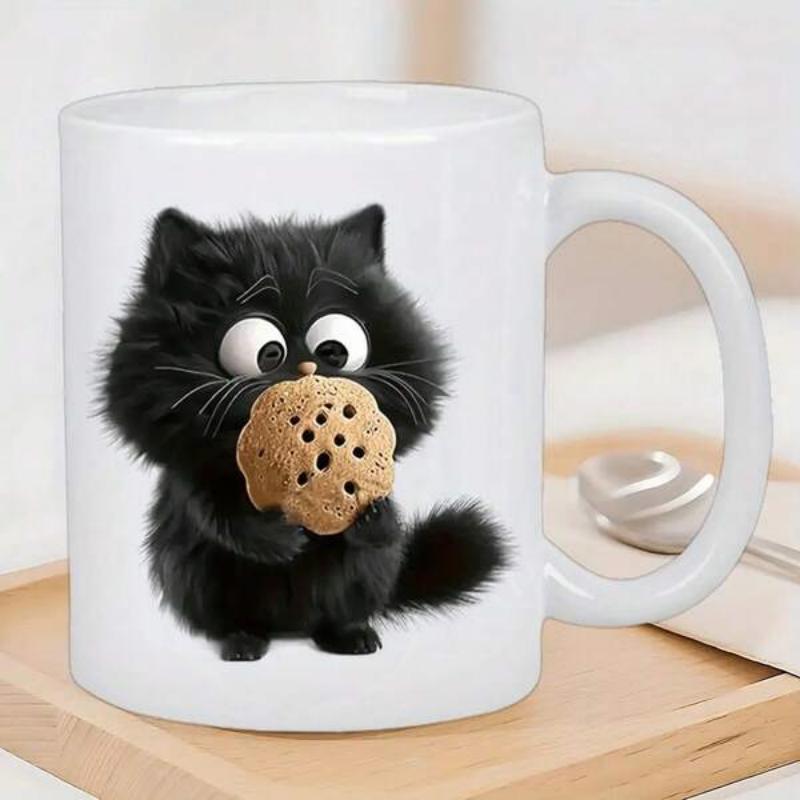 Tailorly White Ceramic 11 oz Mug - Fluffy Little Black Kitten With Large Eyes Holding A Delicious Round Cookie Cat