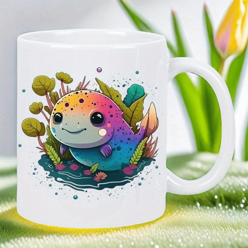 Tailorly White Ceramic 11 oz Mug - Colorful Rainbow Gradient Cartoon Creature Swimming In A Serene Pond Environment Fish