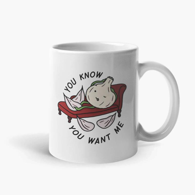 Tailorly White Ceramic 11 oz Mug - You Know You Want Me Humorous Cartoon Garlic Bulb Relaxing On A Red Vintage Sofa Garlic