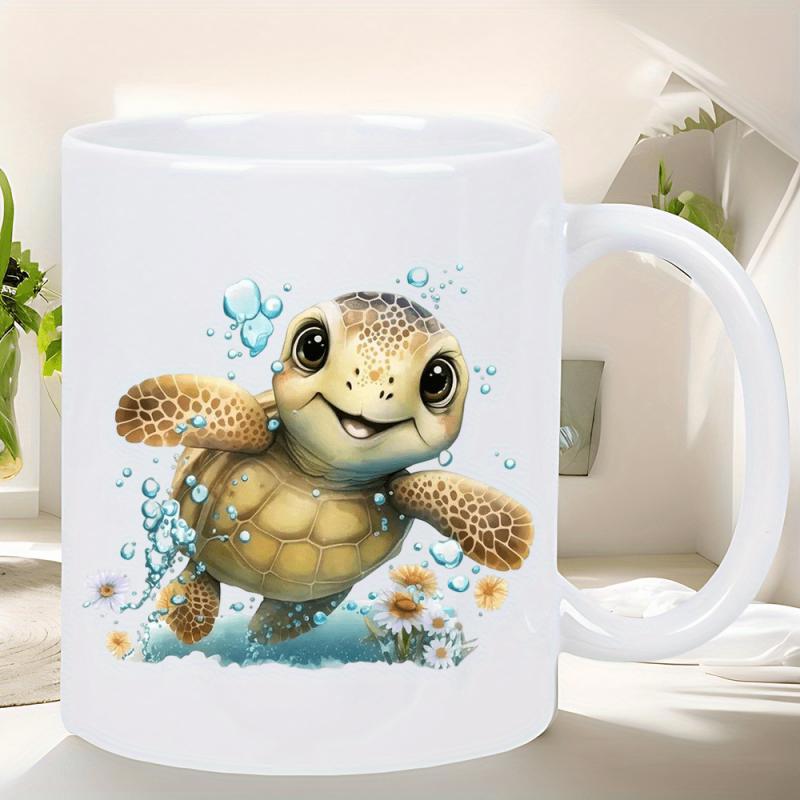 Tailorly White Ceramic 11 oz Mug - Adorable Little Baby Sea Turtle Swimming Through Bubbles And Daisy Flowers Turtle