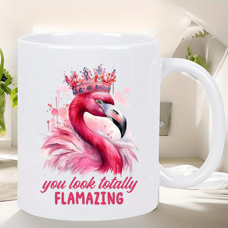 Tailorly White Ceramic 11 oz Mug - You Look Totally Flamazing Majestic Pink Flamingo Wearing A Crown Among Artistic Watercolor Splatters Flamingo