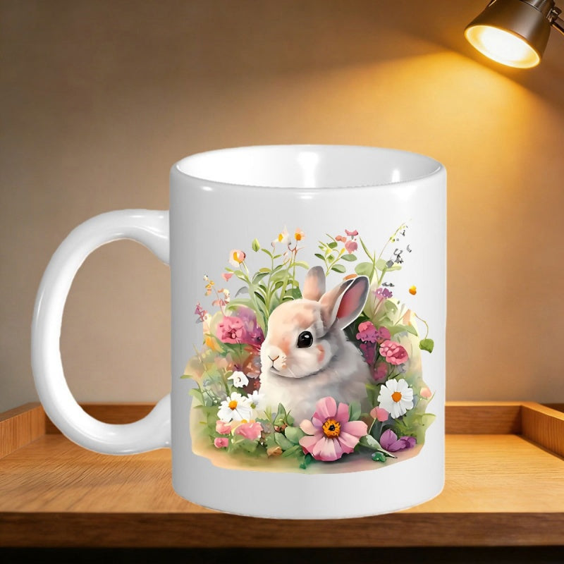 Tailorly White Ceramic 11 oz Mug - Cute Adorable Fluffy Sitting In A Vibrant Blooming Spring Flower Garden Rabbit
