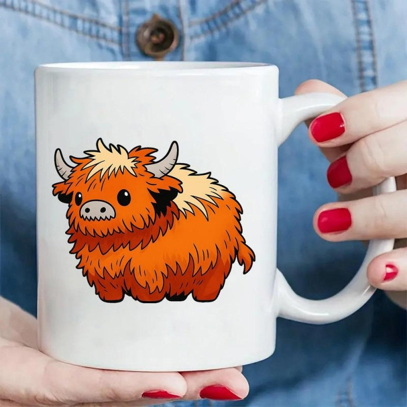 Tailorly White Ceramic 11 oz Mug - Cute Fluffy Orange Highland Cattle With Horns And A Friendly Expression Cow