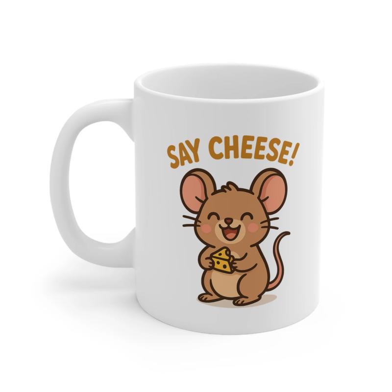 Tailorly White Ceramic 11 oz Mug - Say Cheese Adorable Little Brown Mouse Holding A Small Piece Of Cheese Mouse