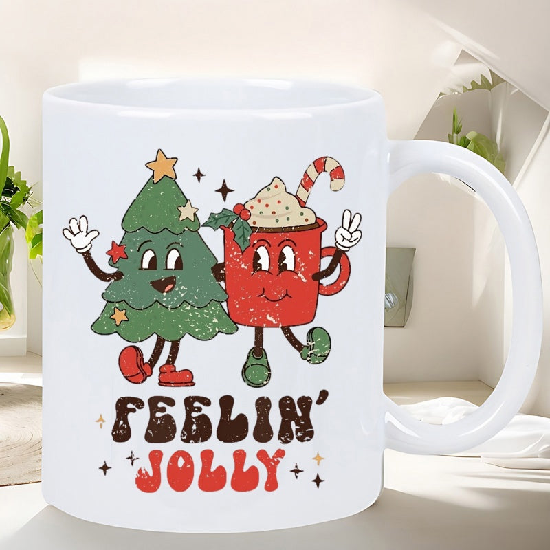 Tailorly White Ceramic 11 oz Mug - Feelin Jolly Retro Vintage Cartoon Christmas Tree And Cocoa Mug In Holiday Spirit Mug