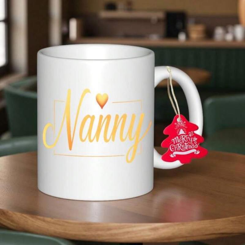 Tailorly White Ceramic 11 oz Mug - Nanny Golden Script Typography With Heart Detail Among Minimalist Gold Lines Mug