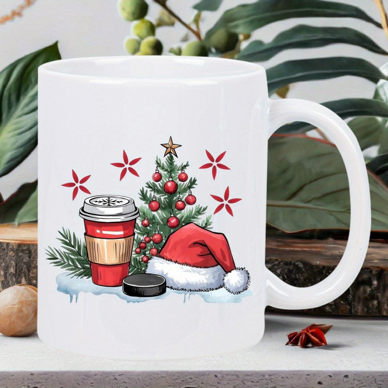 Tailorly White Ceramic 11 oz Mug - Festive Holiday Scene Featuring Steaming Coffee Cup And Warm Santa Hat Tree