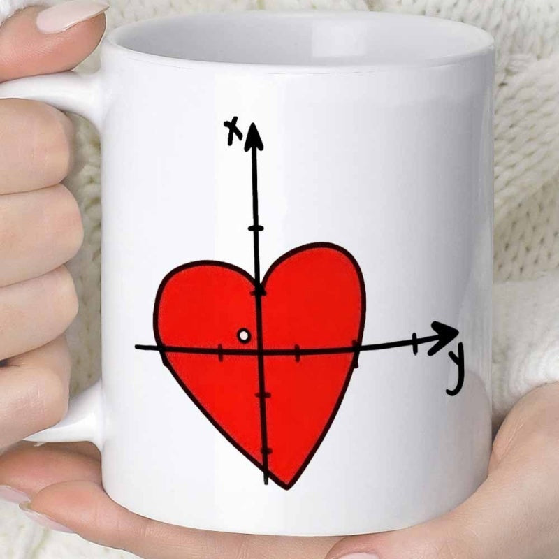Tailorly White Ceramic 11 oz Mug - X Y Hand Drawn Mathematical Coordinate System Featuring A Bold Red Symbol Of Love Heart