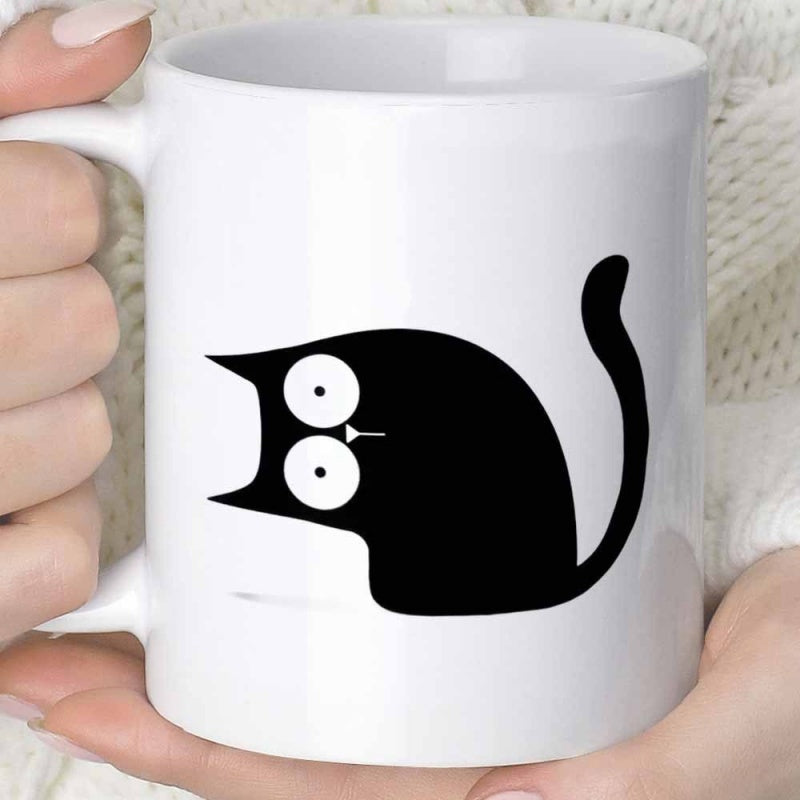Tailorly White Ceramic 11 oz Mug - Minimalist Black Silhouette Peeking With Curious Wide Eyes And Curved Tail Cat
