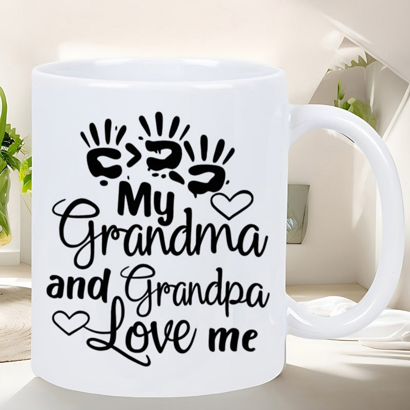 Tailorly White Ceramic 11 oz Mug - My Grandma And Grandpa Love Me Three Small Handprints With Minimalist Line Art Hearts On A Glossy