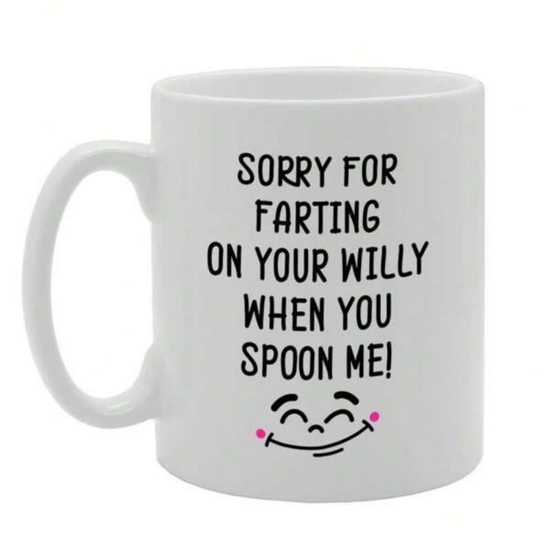 Tailorly White Ceramic 11 oz Mug - Sorry For Farting On Your Willy When You Spoon Me Simple Black Line Art Smiling Face With Pink Rosy Cheeks Smiley