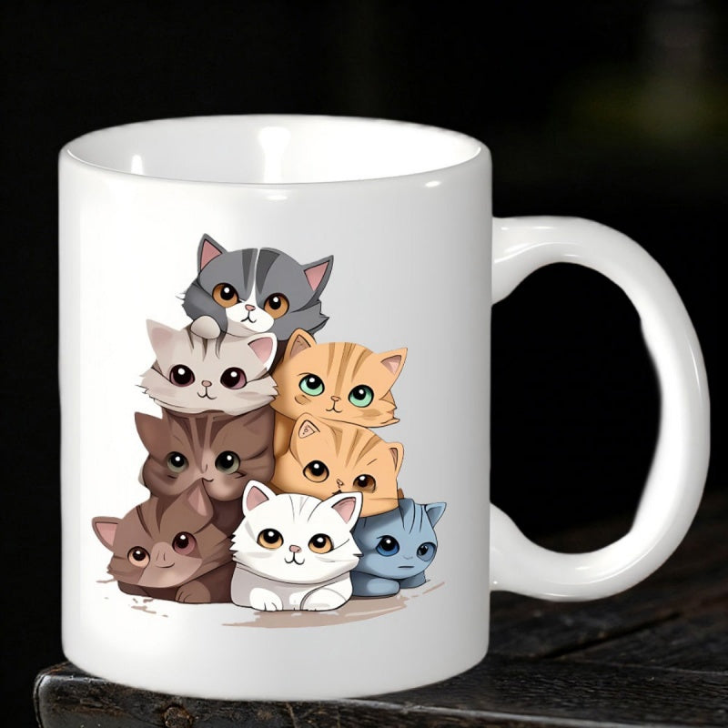 Tailorly White Ceramic 11 oz Mug - Adorable Stacked Kittens Featuring Different Colors And Cute Expressive Faces Cats