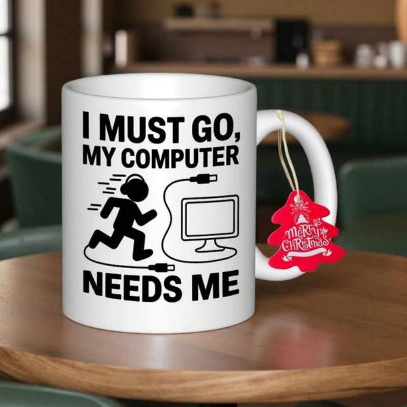 Tailorly White Ceramic 11 oz Mug - I Must Go My Computer Needs Me Silhouette Of Person Running Towards Monitor Connected By A Long Cable Computer
