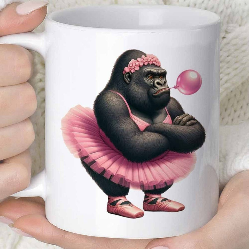 Tailorly White Ceramic 11 oz Mug - Powerful Black Ape Wearing Delicate Pink Tutu And Elegant Floral Crown Gorilla