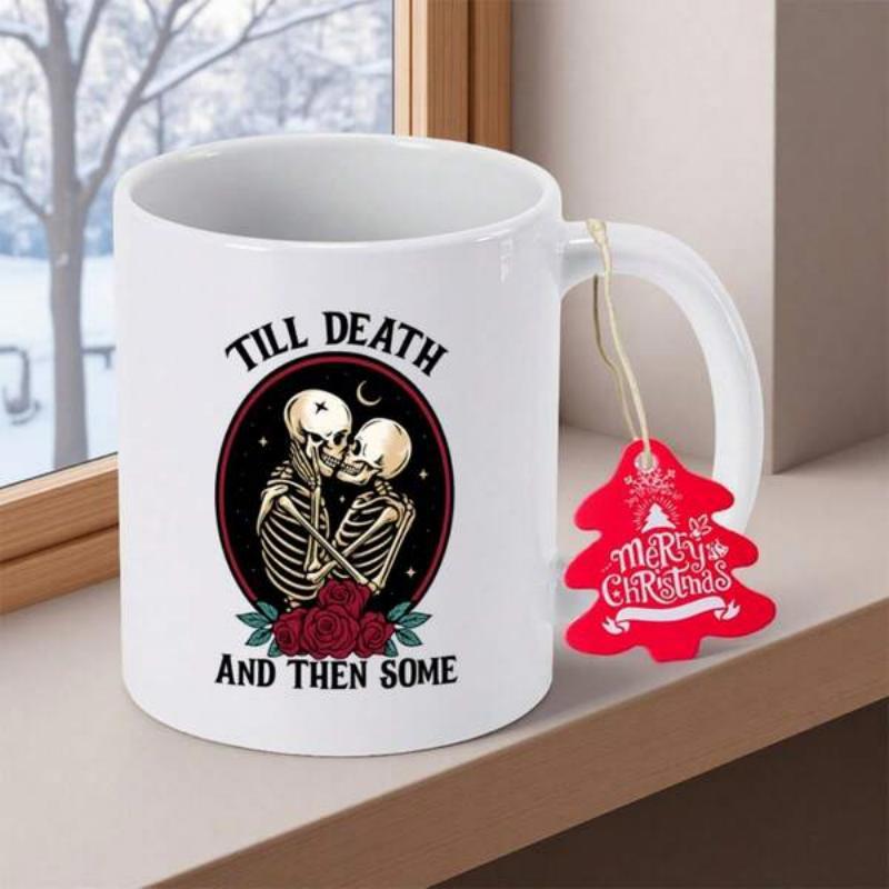 Tailorly White Ceramic 11 oz Mug - Till Death And Then Some Gothic Romantic Skeletons Embracing Within Dark Oval Frame With Red Roses Skeleton