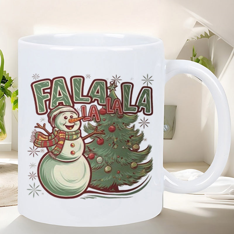 Tailorly White Ceramic 11 oz Mug - Fa La La La La La Festive Snowman Standing Beside A Decorated Evergreen Tree Among Drifting White Snowflakes Snowman